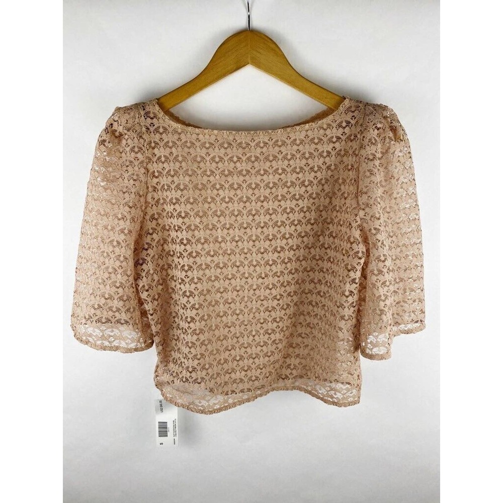 American Apparel Puff Sleeve Blouse Tan‎ Half Moon Lace S New Women